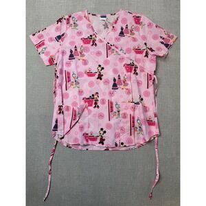 Disney Minnie Mouse Daisy Duck Pink Scrub Top Women's Wrap Style Size M